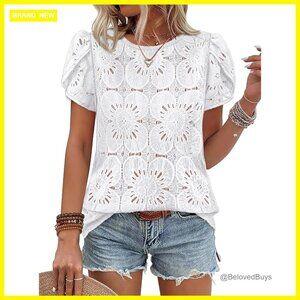 Crochet Lace Boho Blouse Petal Sleeve Loose Fit Cotton Nylon Top